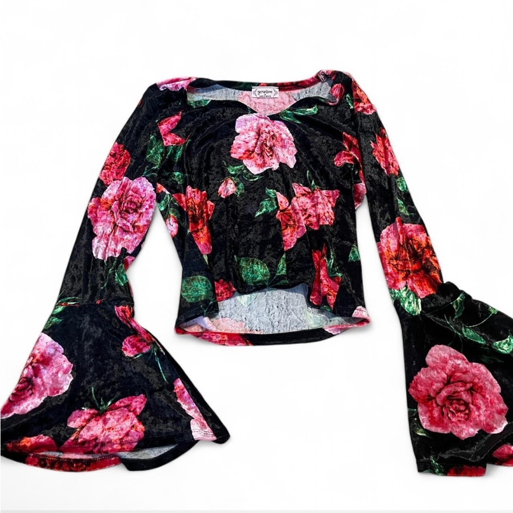 Floral crushed velvet bell sleeve top roses 90s gothic grunge Flare trumpet Y2K